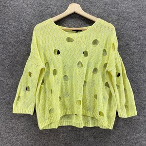 French Kyss Sweater Pullover Women M Medium Yellow Knit Distressed Long Sleeve